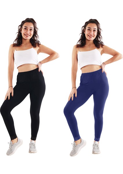 Kadın Siyah/lacivert Dantelli 2'li Paket Tayt (Büyük Beden Seçeneğiyle)