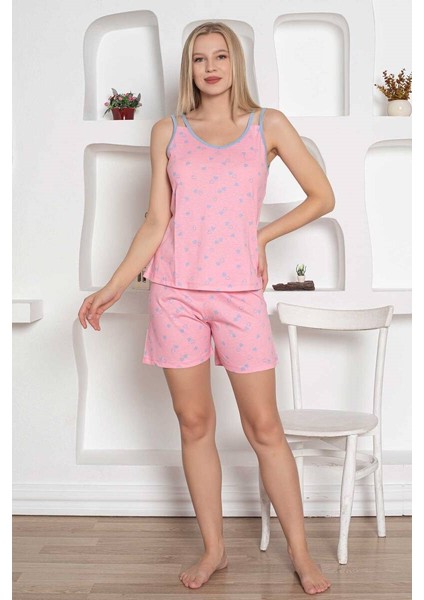 Kadın Kalp Desen Askılı Pamuk Mini Şortlu Pijama Takımı