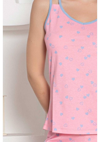 Kadın Kalp Desen Askılı Pamuk Mini Şortlu Pijama Takımı