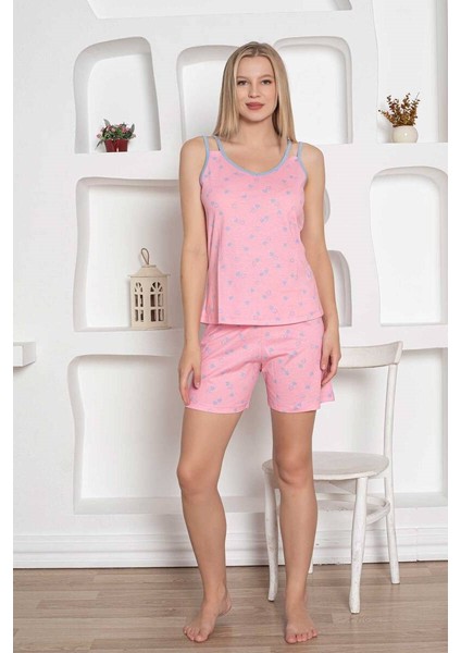 Kadın Kalp Desen Askılı Pamuk Mini Şortlu Pijama Takımı