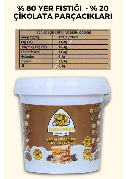 Çikolata Parçacıklı Yer Fıstık Ezmesi 1 kg – Katkısız – Şeker Ilavesiz – Protein Kaynağı – Sporcu Gıdası