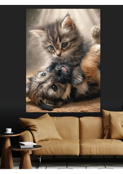 Yavru Kedi ve Köpek Dekoratif Kanvas - Mdf Ahşap Tablo