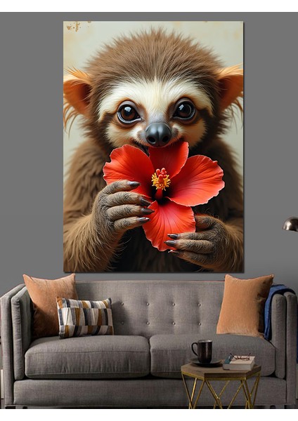 Çiçek Tutan Tembel Hayvan Dekoratif Kanvas - Mdf Ahşap Tablo modelleri