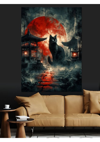 Kırmızı Ay Altında Kedi Dekoratif Kanvas - Mdf Ahşap Tablo