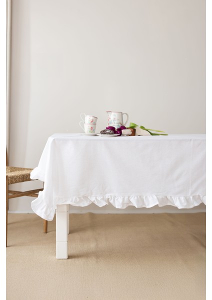 Perla | Fırfırlı Keten Beyaz Masa Örtüsü 140 x 180 Cm