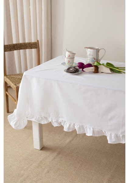 Perla | Fırfırlı Keten Beyaz Masa Örtüsü 140 x 180 Cm fırsatları