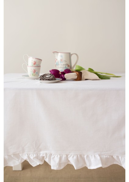 Perla | Fırfırlı Keten Beyaz Masa Örtüsü 140 x 180 Cm indirimleri