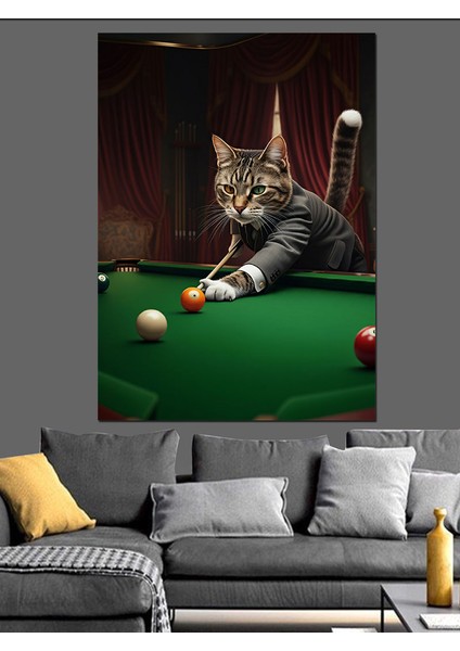 Bilardo Oynayan Kedi Dekoratif Kanvas - Mdf Ahşap Tablo modelleri