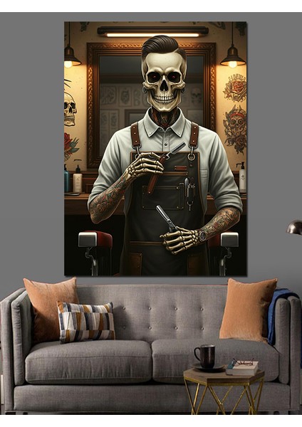 Şık Berber Iskelet Dekoratif Kanvas - Mdf Ahşap Tablo