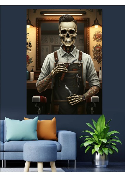 Şık Berber Iskelet Dekoratif Kanvas - Mdf Ahşap Tablo fiyatları