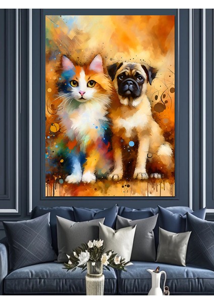 Yavru Köpek ve Kedi Dekoratif Kanvas - Mdf Ahşap Tablo