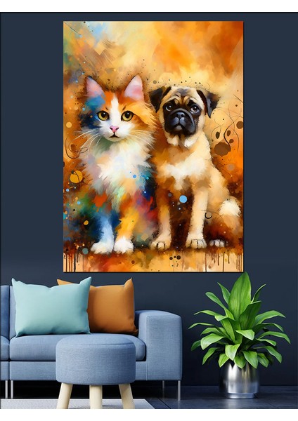 Yavru Köpek ve Kedi Dekoratif Kanvas - Mdf Ahşap Tablo