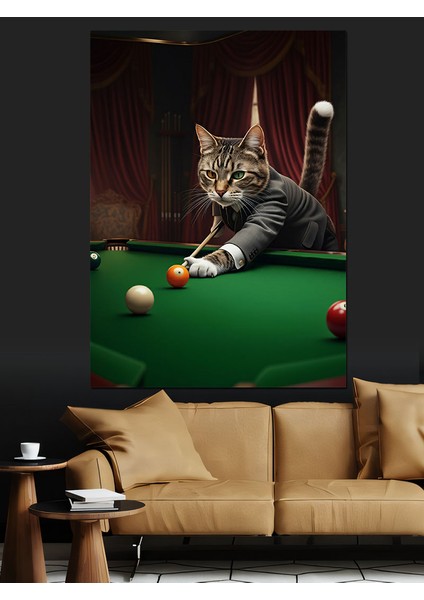 Bilardo Oynayan Kedi Dekoratif Kanvas - Mdf Ahşap Tablo