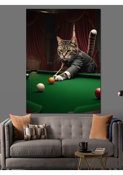 Bilardo Oynayan Kedi Dekoratif Kanvas - Mdf Ahşap Tablo fırsatları