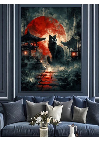 Kırmızı Ay Altında Kedi Dekoratif Kanvas - Mdf Ahşap Tablo fiyatları