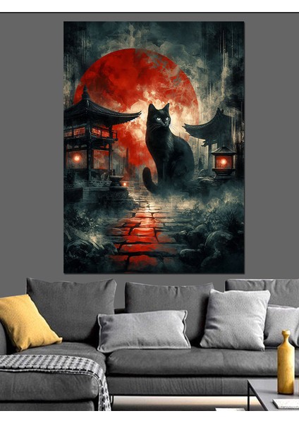 Kırmızı Ay Altında Kedi Dekoratif Kanvas - Mdf Ahşap Tablo modelleri