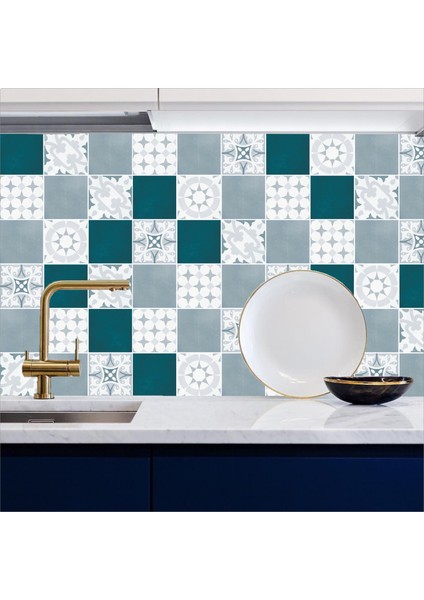 Tezgah Arası Mutfak Kendinden Yapışkanlı Folyo Kaplama Modern Fayans Desen Petrol 60 cm x 100 cm