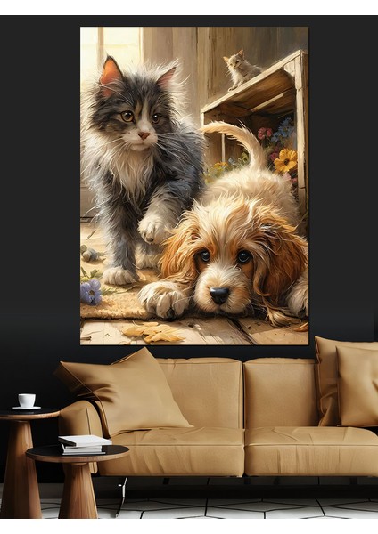 Yavru Kedi ve Köpek Dekoratif Kanvas - Mdf Ahşap Tablo