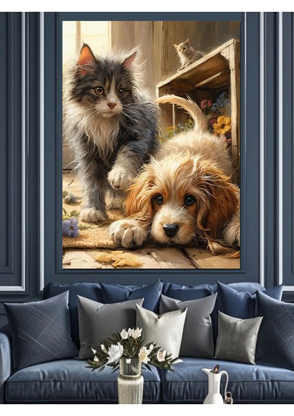 Yavru Kedi ve Köpek Dekoratif Kanvas - Mdf Ahşap Tablo