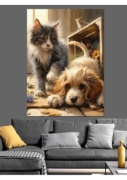 Yavru Kedi ve Köpek Dekoratif Kanvas - Mdf Ahşap Tablo