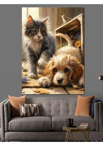 Yavru Kedi ve Köpek Dekoratif Kanvas - Mdf Ahşap Tablo