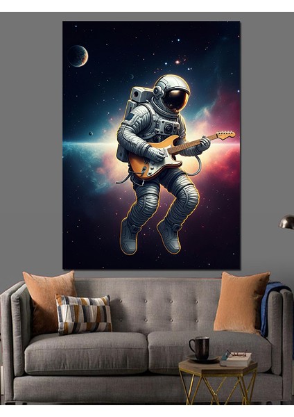 Uzayda Gitarist Astronot Dekoratif Kanvas - Mdf Ahşap Tablo