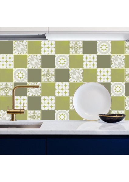 Tezgah Arası Mutfak Kendinden Yapışkanlı Folyo Kaplama Modern Fayans Desen Yeşil 60 cm x 100 cm