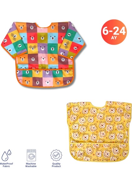 Ayıcık Desen Sıvı Geçirmez Kollu Önlük Seti 6-24 Ay