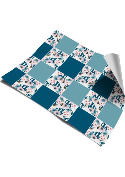 Tezgah Arası Mutfak Kendinden Yapışkanlı Folyo Kaplama Fayans Desen Mavi Çiçek 60 cm x 100 cm