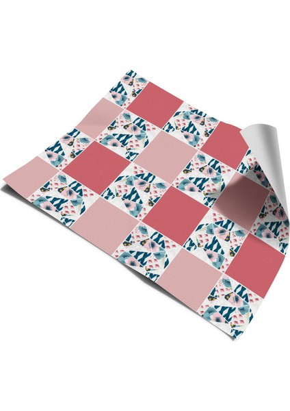 Tezgah Arası Mutfak Kendinden Yapışkanlı Folyo Kaplama Fayans Desen Pembe Çiçek 60 cm x 100 cm