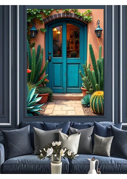 Mavi Kapılı Ev Dekoratif Kanvas - Mdf Ahşap Tablo