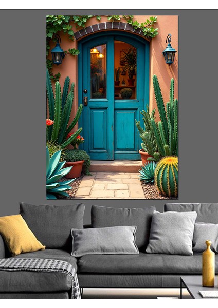 Mavi Kapılı Ev Dekoratif Kanvas - Mdf Ahşap Tablo fiyatları