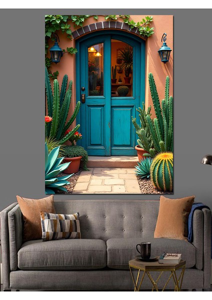 Mavi Kapılı Ev Dekoratif Kanvas - Mdf Ahşap Tablo modelleri