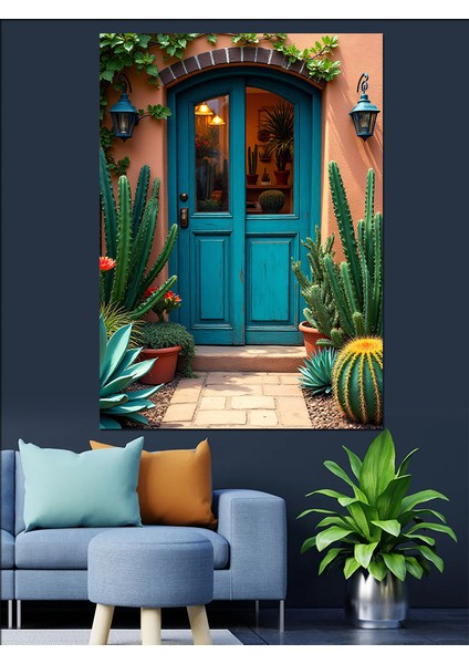 Mavi Kapılı Ev Dekoratif Kanvas - Mdf Ahşap Tablo fırsatları