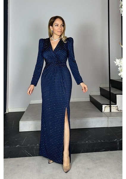 G1362 Taş Detaylı Tasarım Abiye Elbise Lacivert indirimleri