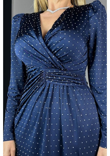 G1362 Taş Detaylı Tasarım Abiye Elbise Lacivert