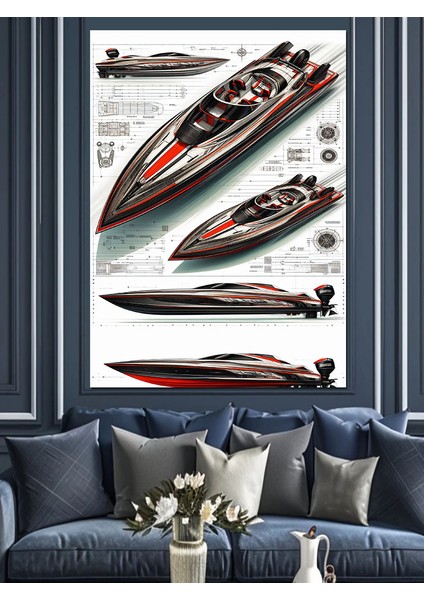 Yarış Teknesi Çizimi Dekoratif Kanvas - Mdf Ahşap Tablo