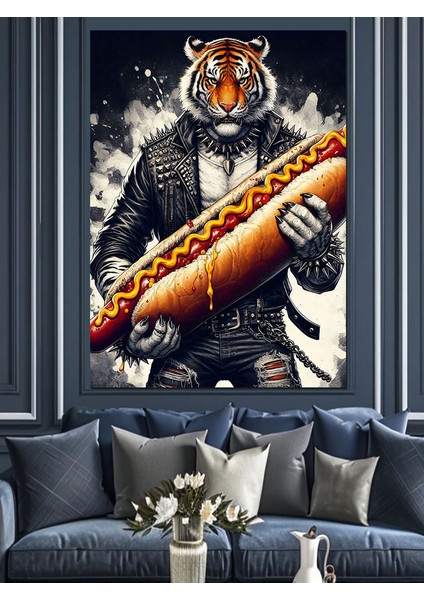 Hotdog Yiyen Kaplan Dekoratif Kanvas - Mdf Ahşap Tablo