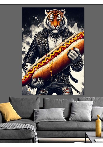 Hotdog Yiyen Kaplan Dekoratif Kanvas - Mdf Ahşap Tablo