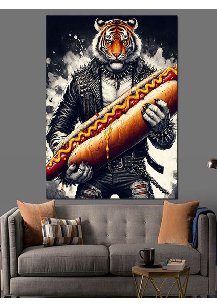 Hotdog Yiyen Kaplan Dekoratif Kanvas - Mdf Ahşap Tablo