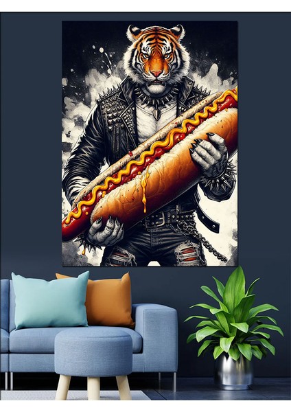 Hotdog Yiyen Kaplan Dekoratif Kanvas - Mdf Ahşap Tablo