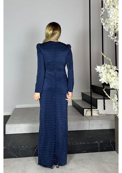 G1362 Taş Detaylı Tasarım Abiye Elbise Lacivert modelleri
