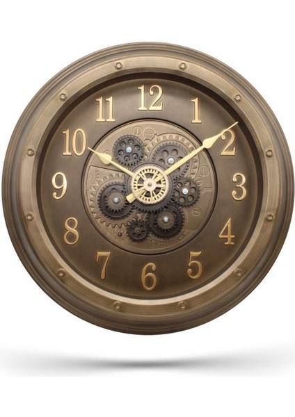 Premium Serisi Antik Eskitme Kadranlı Döner Çarklı Ev ve Ofis Duvar Saati Kabartma Latin Rakam 40 cm Gold