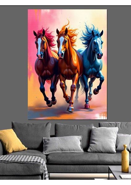 Koşan Üç At Dekoratif Kanvas - Mdf Ahşap Tablo