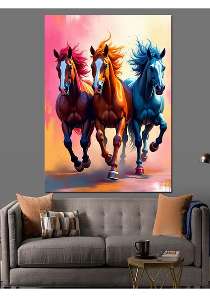 Koşan Üç At Dekoratif Kanvas - Mdf Ahşap Tablo fiyatları