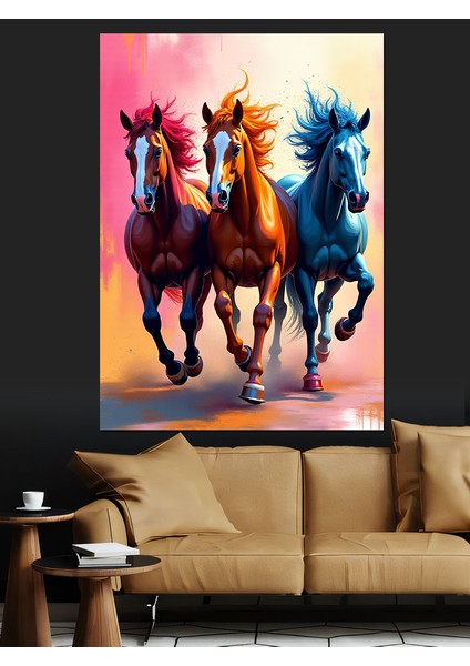 Koşan Üç At Dekoratif Kanvas - Mdf Ahşap Tablo fırsatları