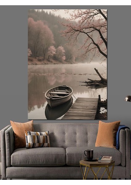 Sisli Göl ve Küçük Kayık Dekoratif Kanvas - Mdf Ahşap Tablo