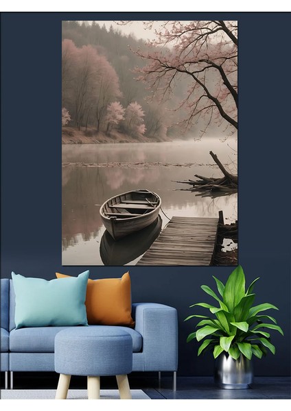 Sisli Göl ve Küçük Kayık Dekoratif Kanvas - Mdf Ahşap Tablo fiyatları
