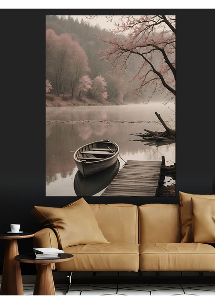 Sisli Göl ve Küçük Kayık Dekoratif Kanvas - Mdf Ahşap Tablo modelleri