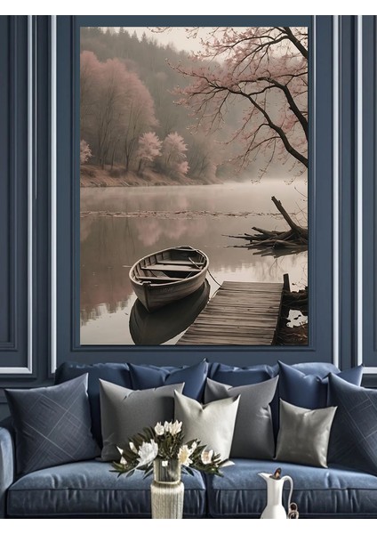 Sisli Göl ve Küçük Kayık Dekoratif Kanvas - Mdf Ahşap Tablo fırsatları